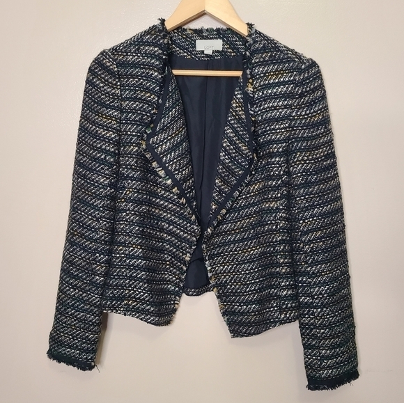 LOFT Open Front Striped Tweed Fringe Blazer - Picture 2 of 9